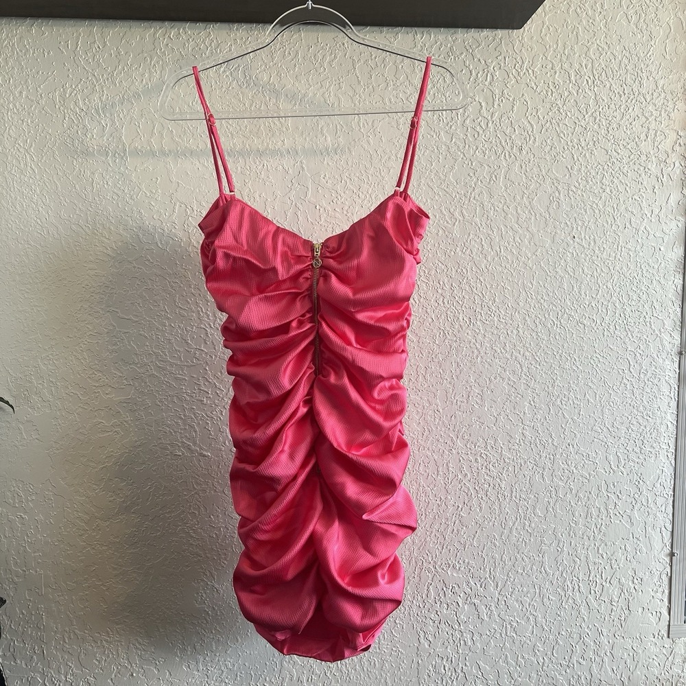 Nookie Pink Mini Utopia L NWT Cutout Ruched Gold Adjustable Straps Zip Back - Picture 3 of 12